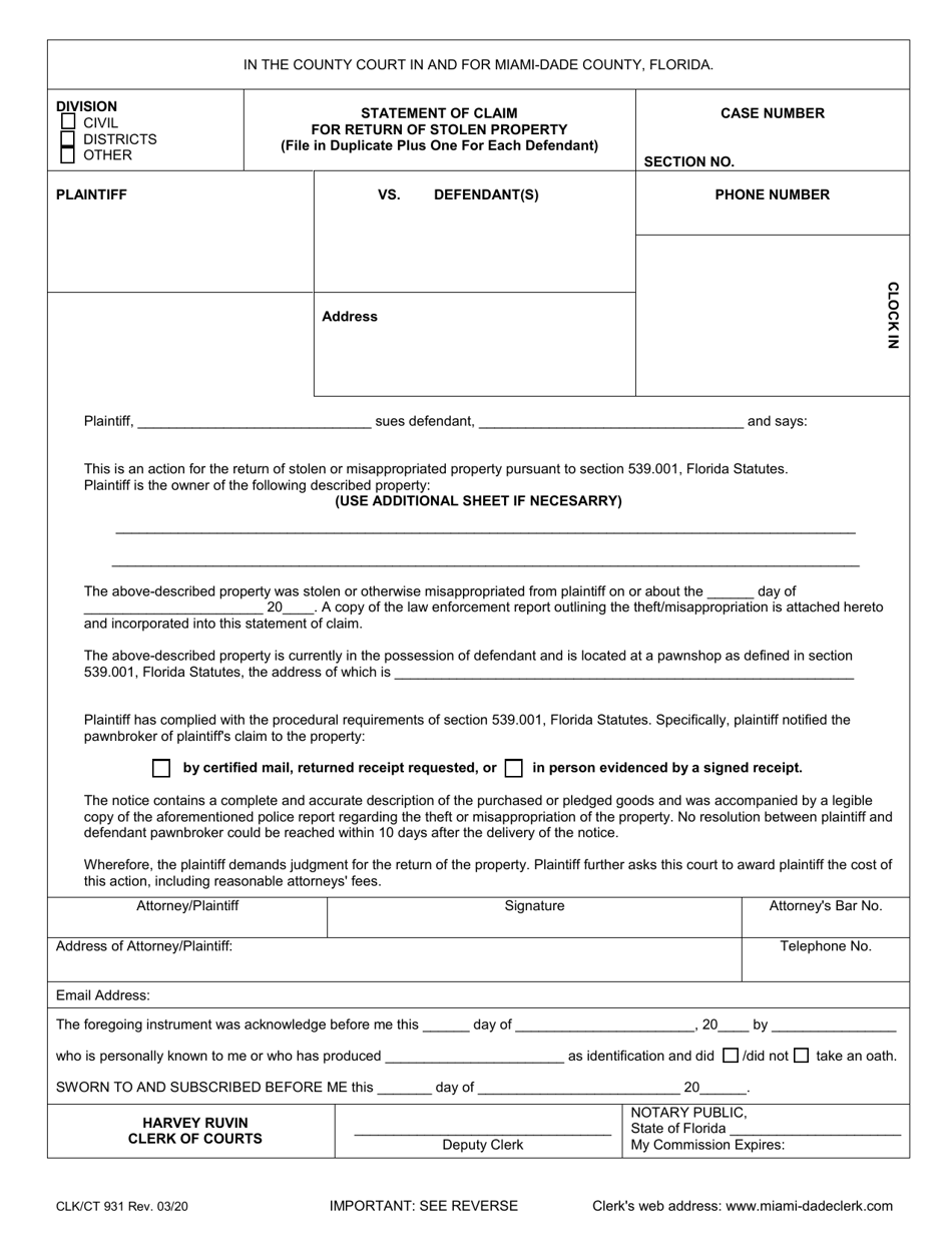 Form CLK / CT931 Statement of Claim for Return of Stolen Property - Miami-Dade County, Florida, Page 1
