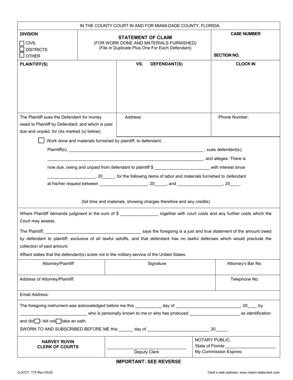 Form CLK/CT.175 Statement of Claim (For Work Done and Materials Furnished) - Miami-Dade County, Florida, Page 1