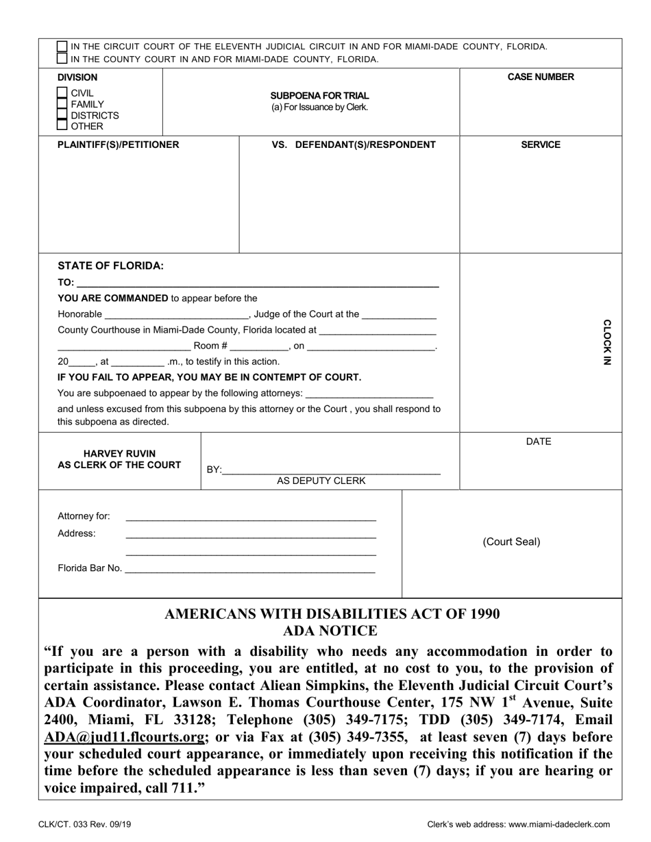 Form CLK/CT.033 Subpoena for Trial (A) for Issuance by Clerk - Miami-Dade County, Florida, Page 1