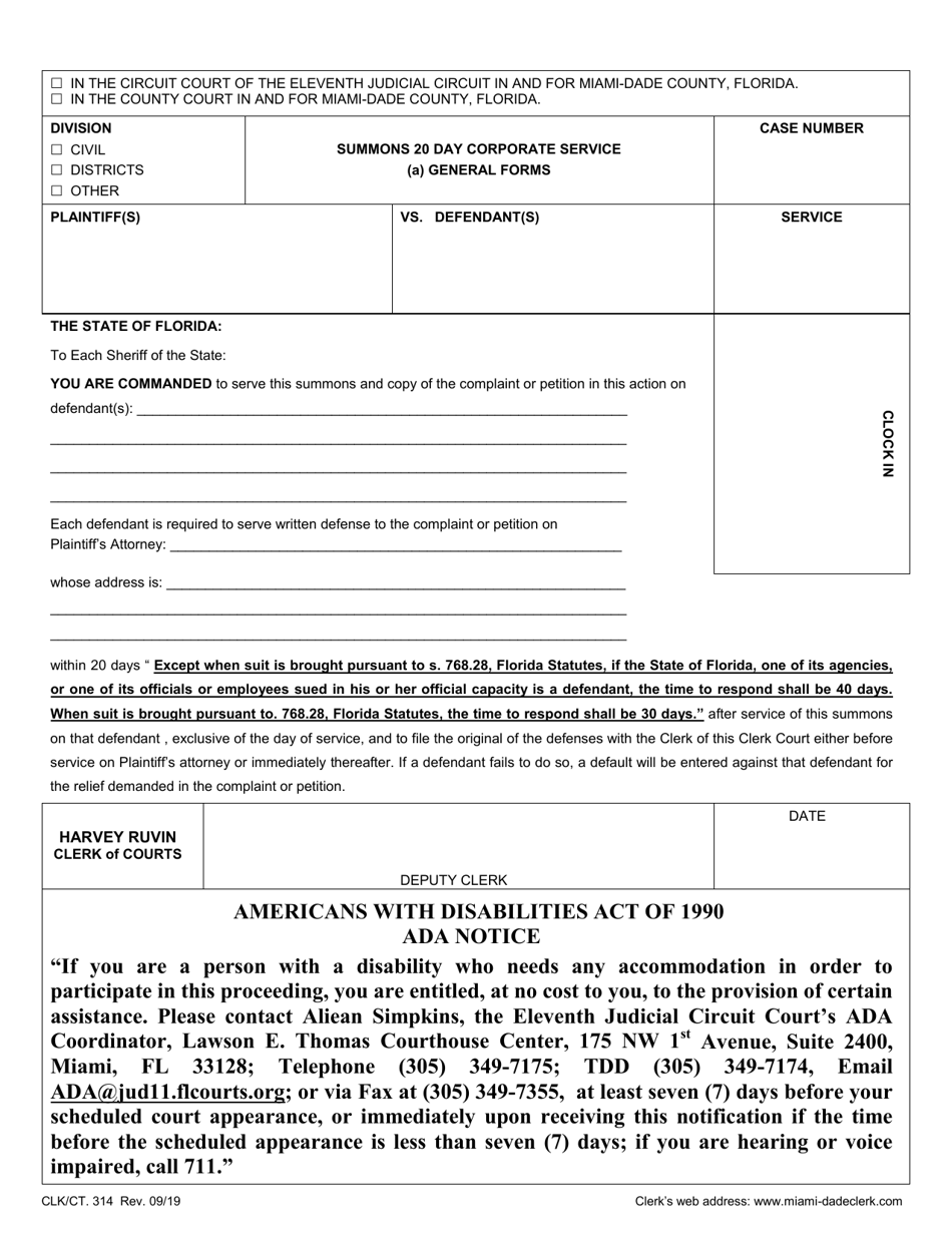 Form CLK / CT.314 Summons 20 Day Corporate Service - Miami-Dade County, Florida, Page 1