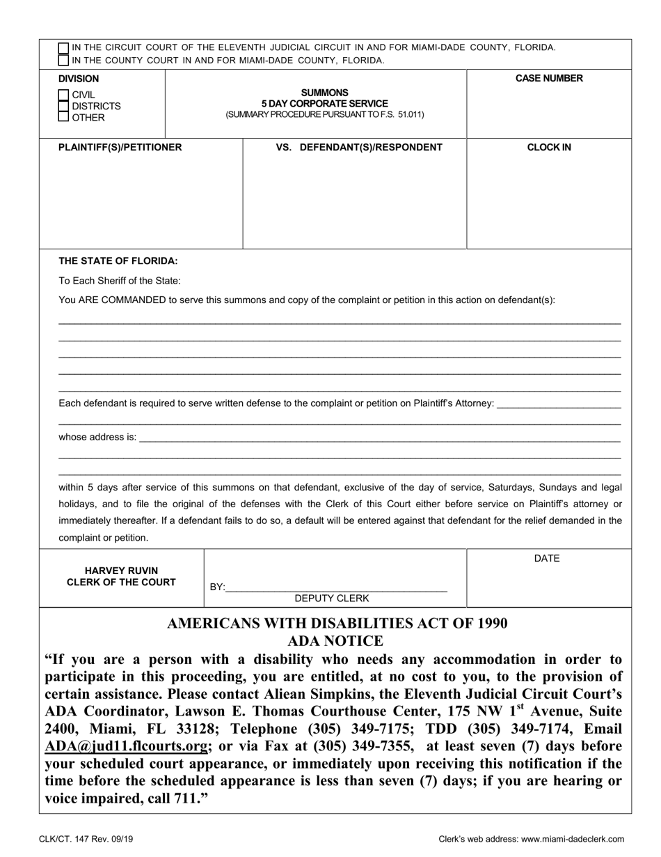 Form CLK / CT.147 Summons 5 Day Corporate Service - Miami-Dade County, Florida, Page 1
