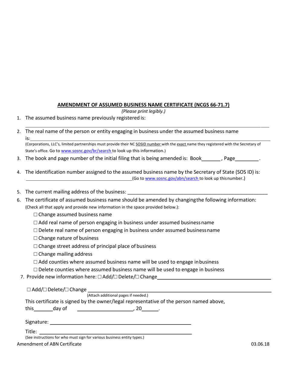 Amendment of Assumed Business Name Certificate (Ncgs 66-71.7) - North Carolina, Page 1