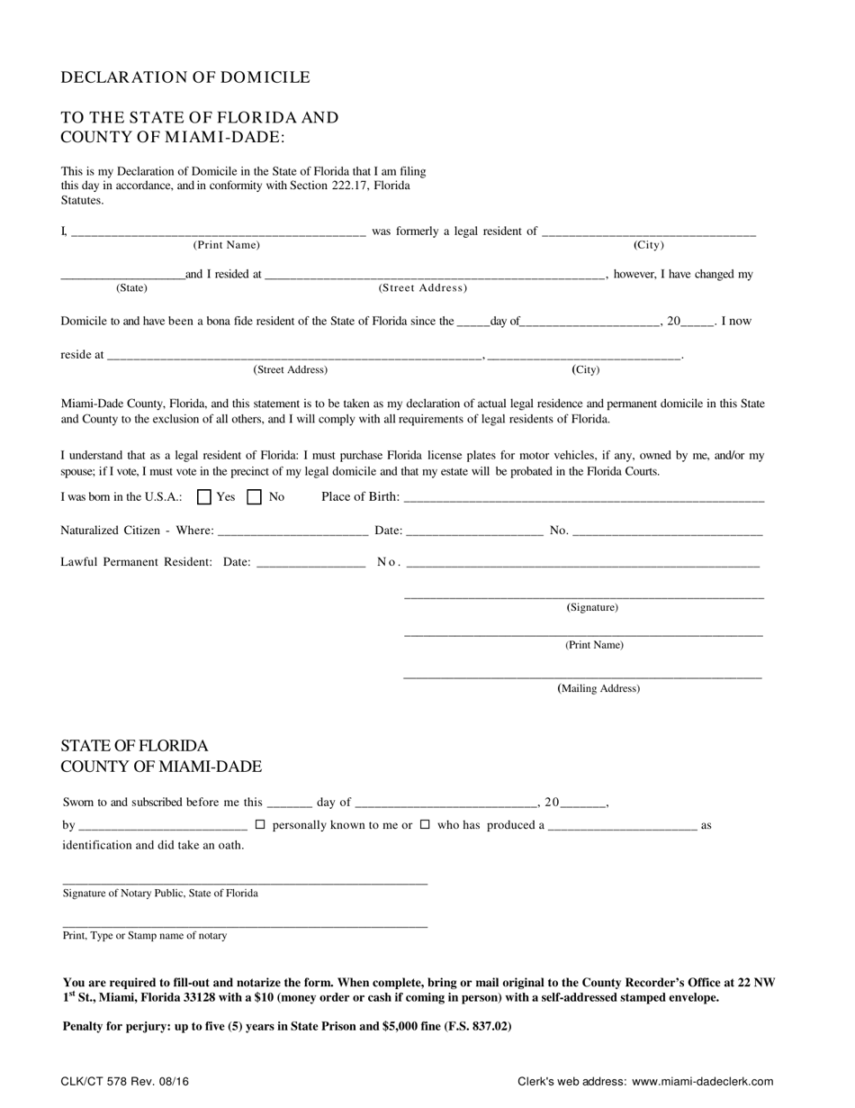 Form CLK / CT578 Declaration of Domicile - Miami-Dade County, Florida, Page 1