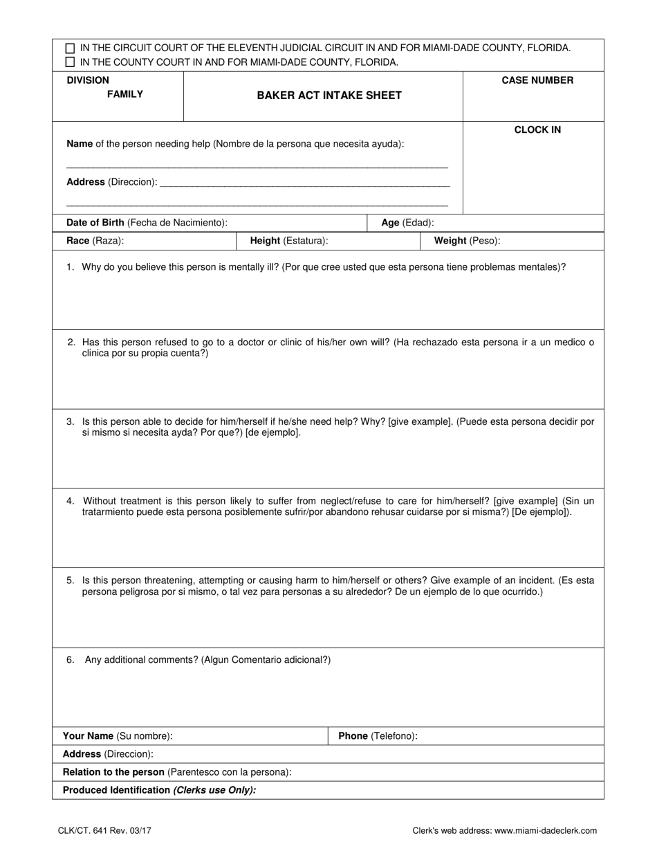 Form CLK/CT.641 Baker Act Intake Sheet - Miami-Dade County, Florida, Page 1