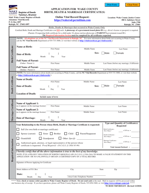 Application for Wake County Birth, Death & Marriage Certificate(S) - Wake County, North Carolina Download Pdf