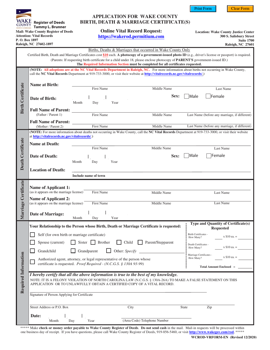 Application for Wake County Birth, Death  Marriage Certificate(S) - Wake County, North Carolina, Page 1