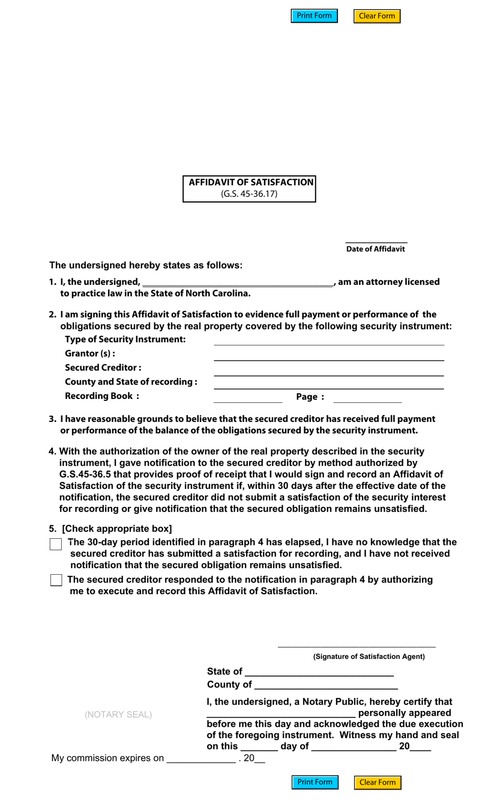 Affidavit of Satisfaction - Wake County, North Carolina, Page 1