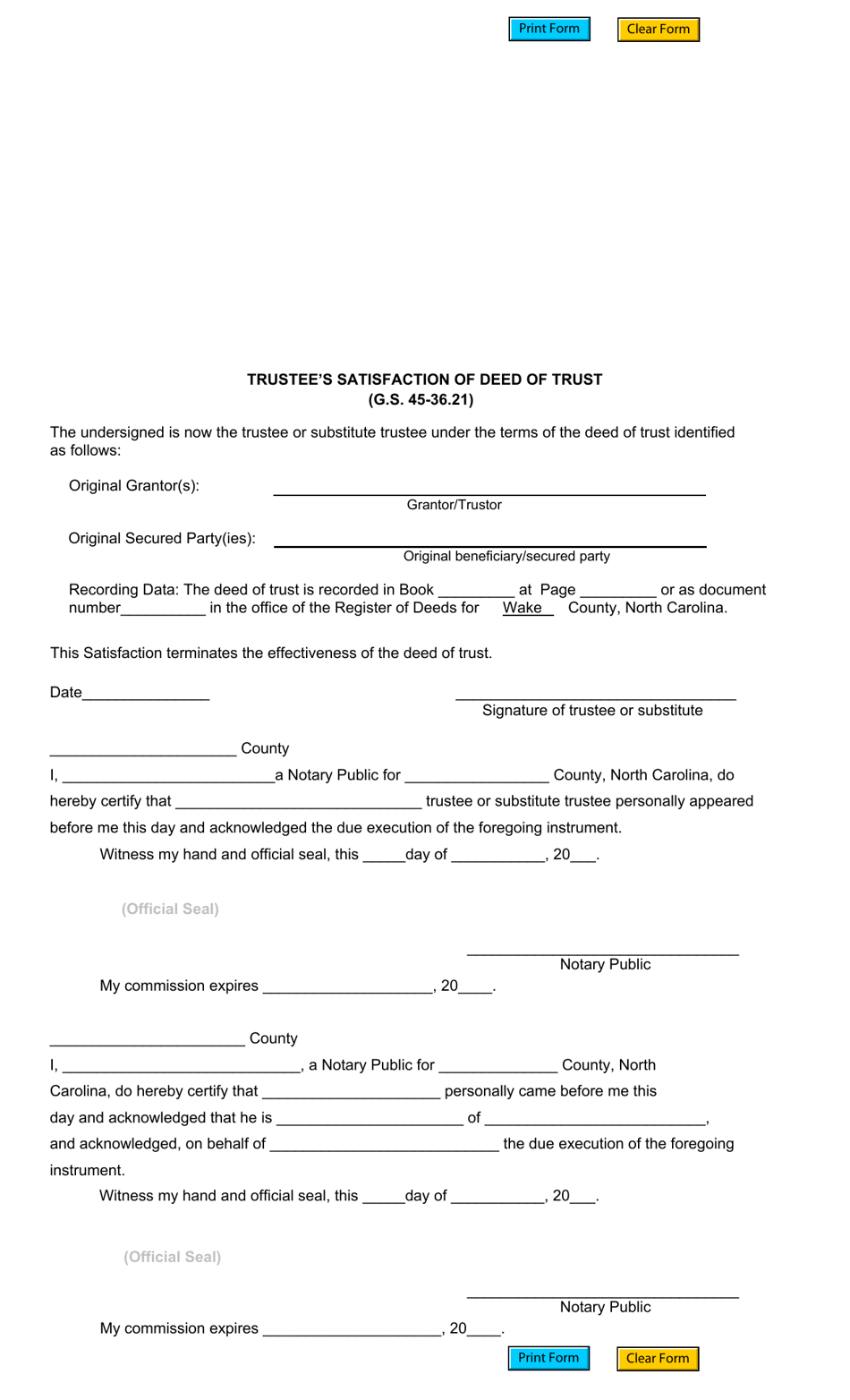 Trustees Satisfaction of Deed of Trust - Wake County, North Carolina, Page 1