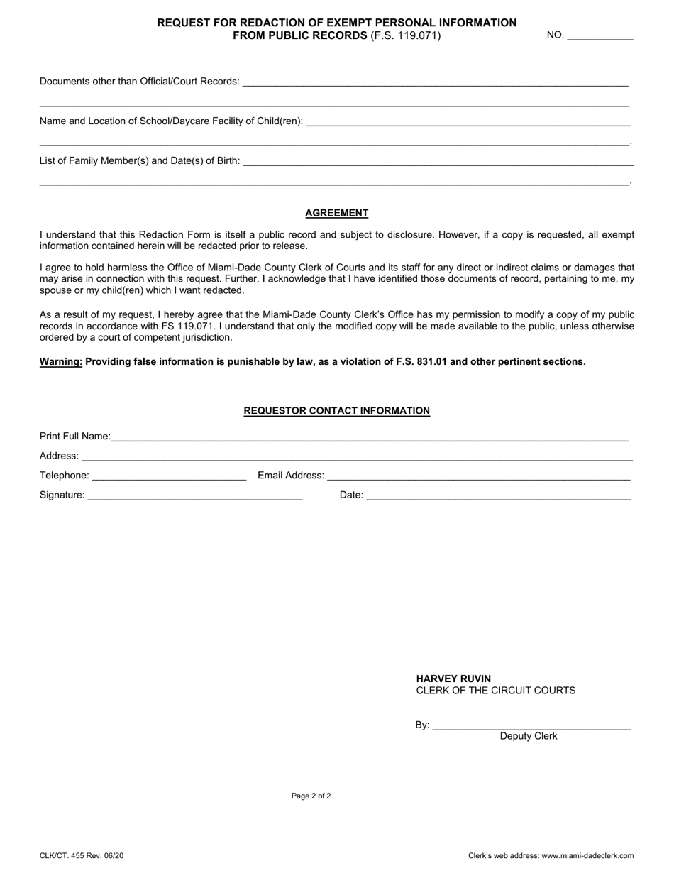 Form CLK / CT.455 Request for Redaction of Exempt Personal Information From Public Records (F.s. 119.071) - Miami-Dade County, Florida, Page 2