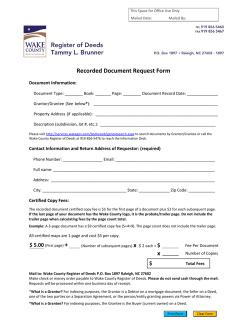 Recorded Document Request Form - Wake County, North Carolina Download Pdf