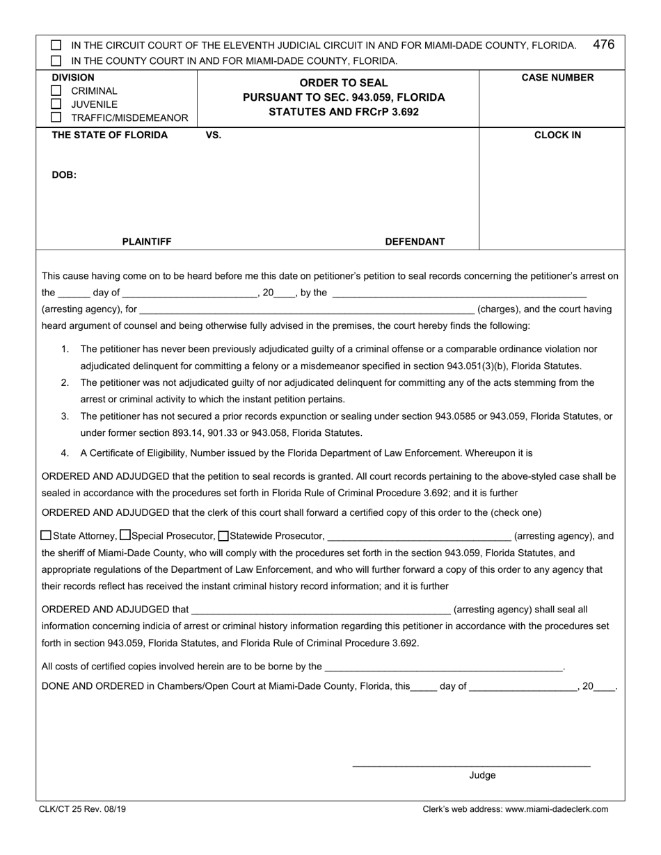Form CLK / CT25 Order to Seal Pursuant to SEC. 943.059, Florida Statutes and Frcrp 3.692 - Miami-Dade County, Florida, Page 1