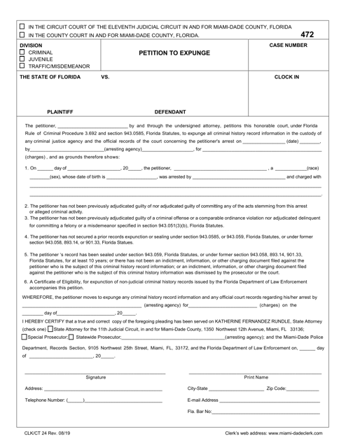 Form CLK/CT24 Petition to Expunge - Miami-Dade County, Florida