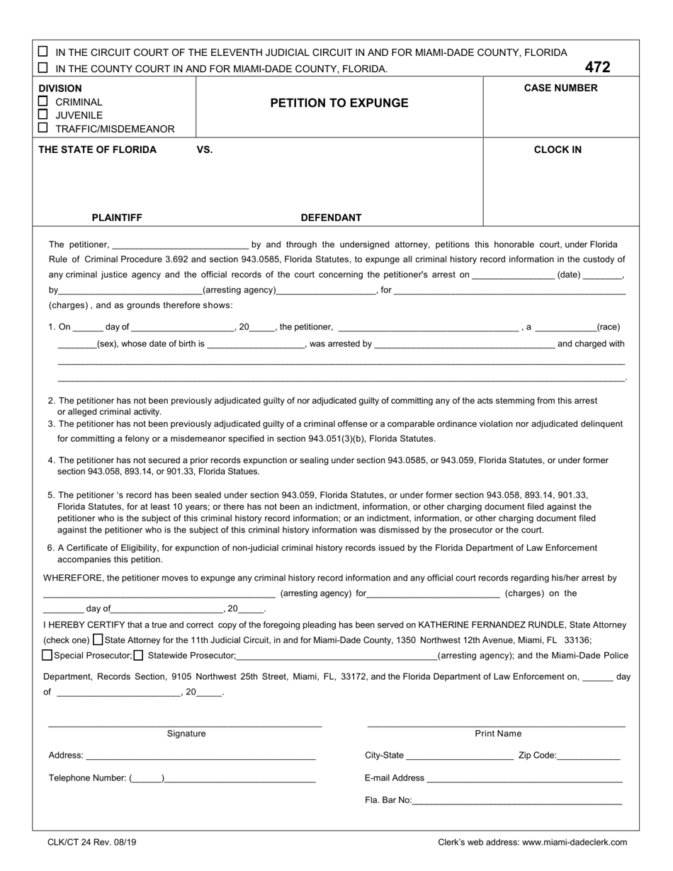 Form CLK / CT24 Petition to Expunge - Miami-Dade County, Florida, Page 1