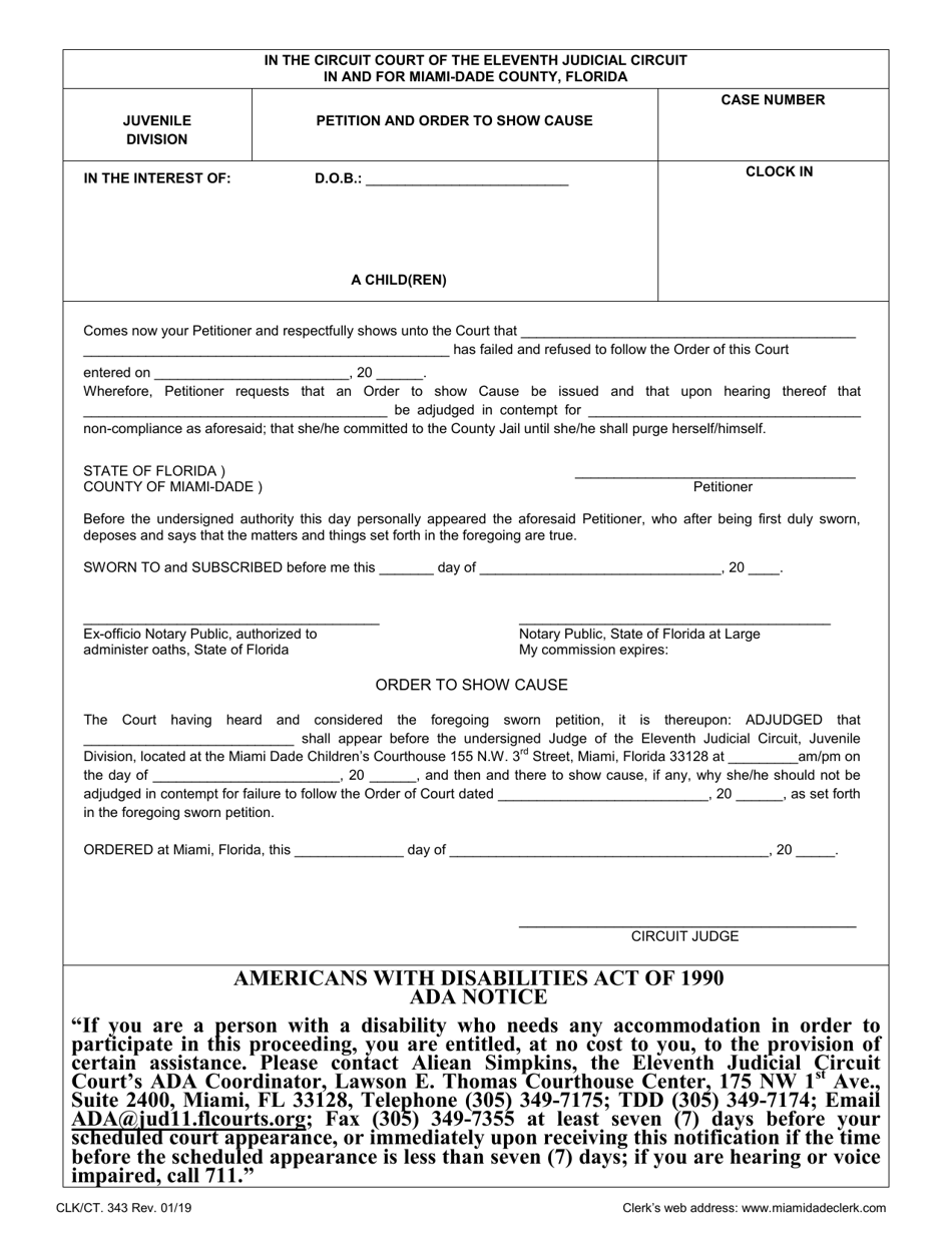 Form CLK/CT.343 Petition and Order to Show Cause - Miami-Dade County, Florida, Page 1