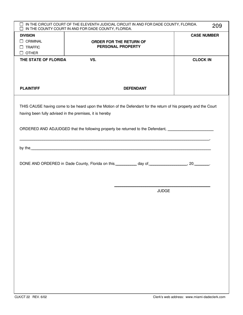 Form CLK / CT22 Order for the Return of Personal Property - Miami-Dade County, Florida, Page 1