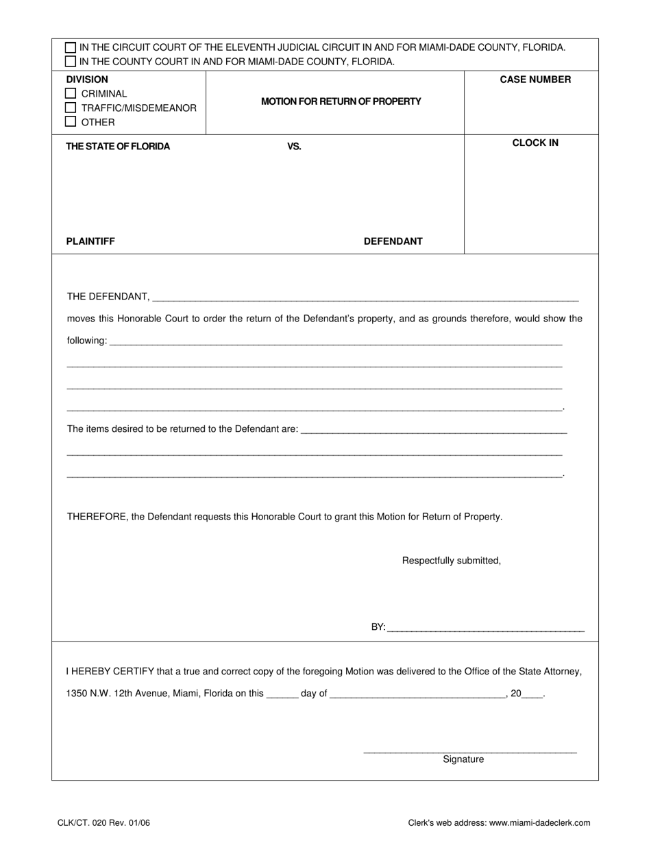 Form CLK/CT.020 Motion for Return of Property - Miami-Dade County, Florida, Page 1