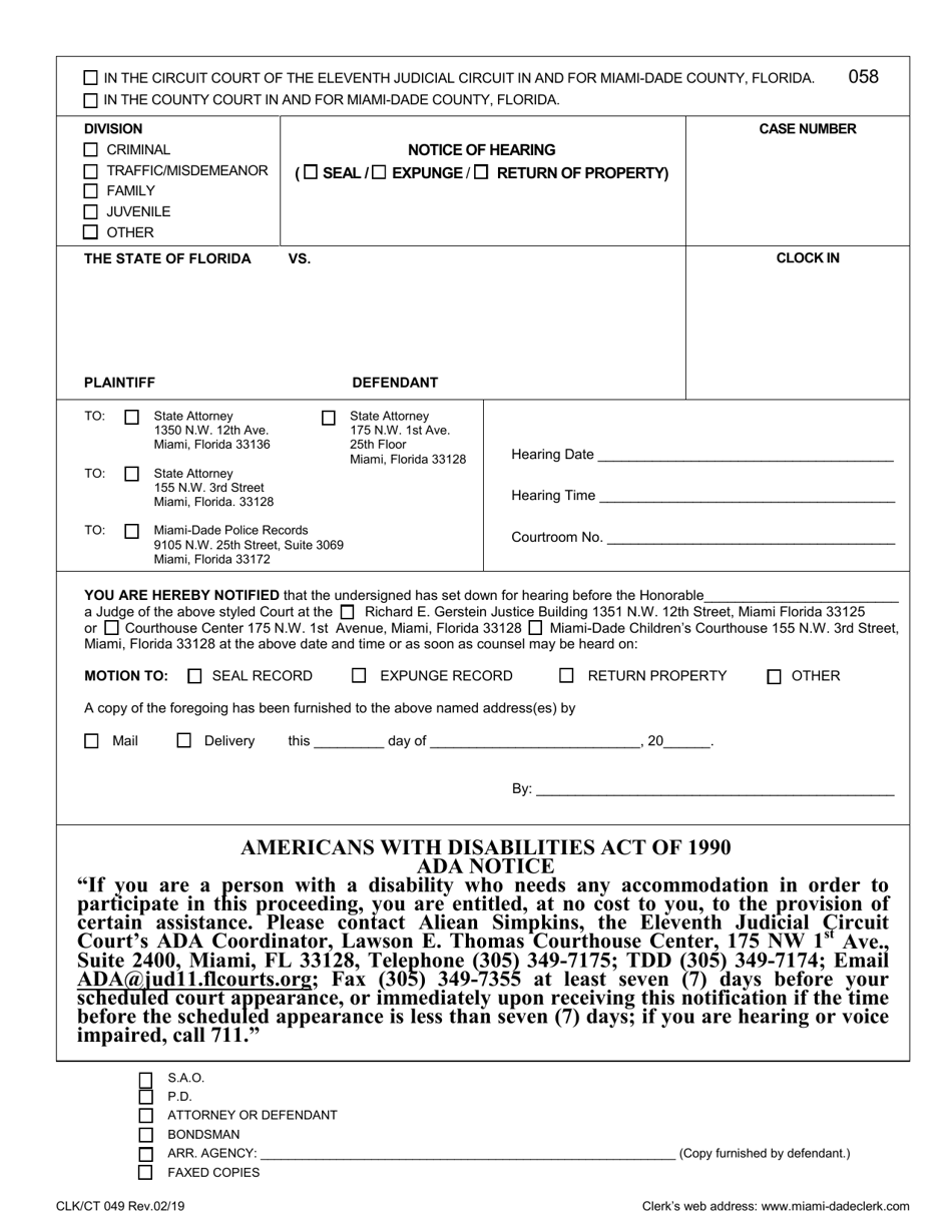 Form CLK / CT049 Notice of Hearing (Seal / Expunge / Return of Property) - Miami-Dade County, Florida, Page 1