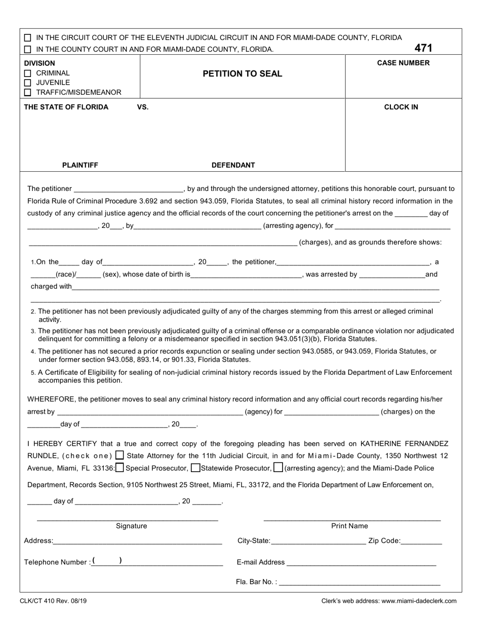 Form CLK / CT410 Petition to Seal - Miami-Dade County, Florida, Page 1