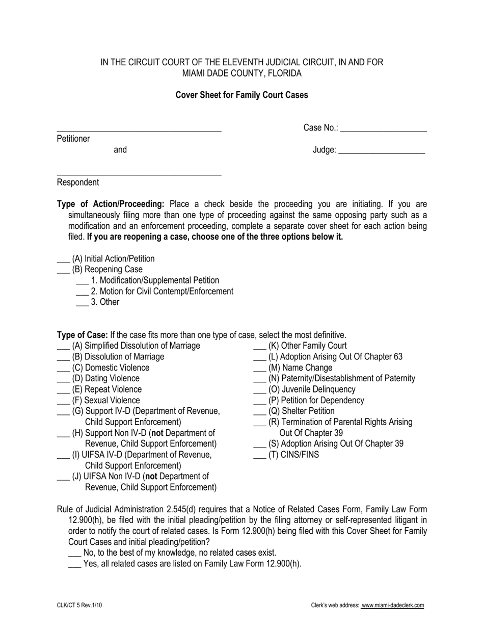 Form CLK / CT5 Cover Sheet for Family Court Cases - Miami-Dade County, Florida, Page 1