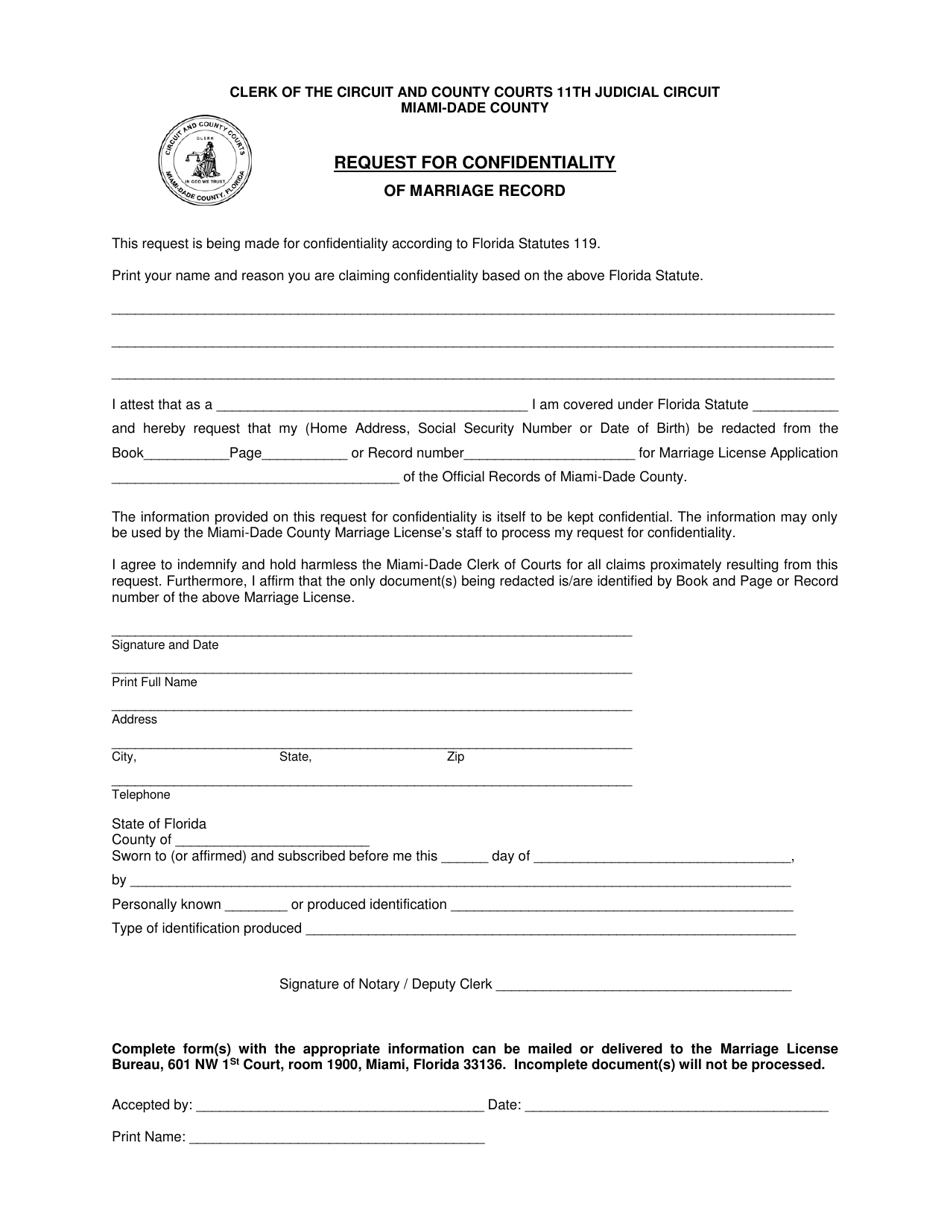 Miami Dade County Florida Request For Confidentiality Of Marriage Record Fill Out Sign 0214