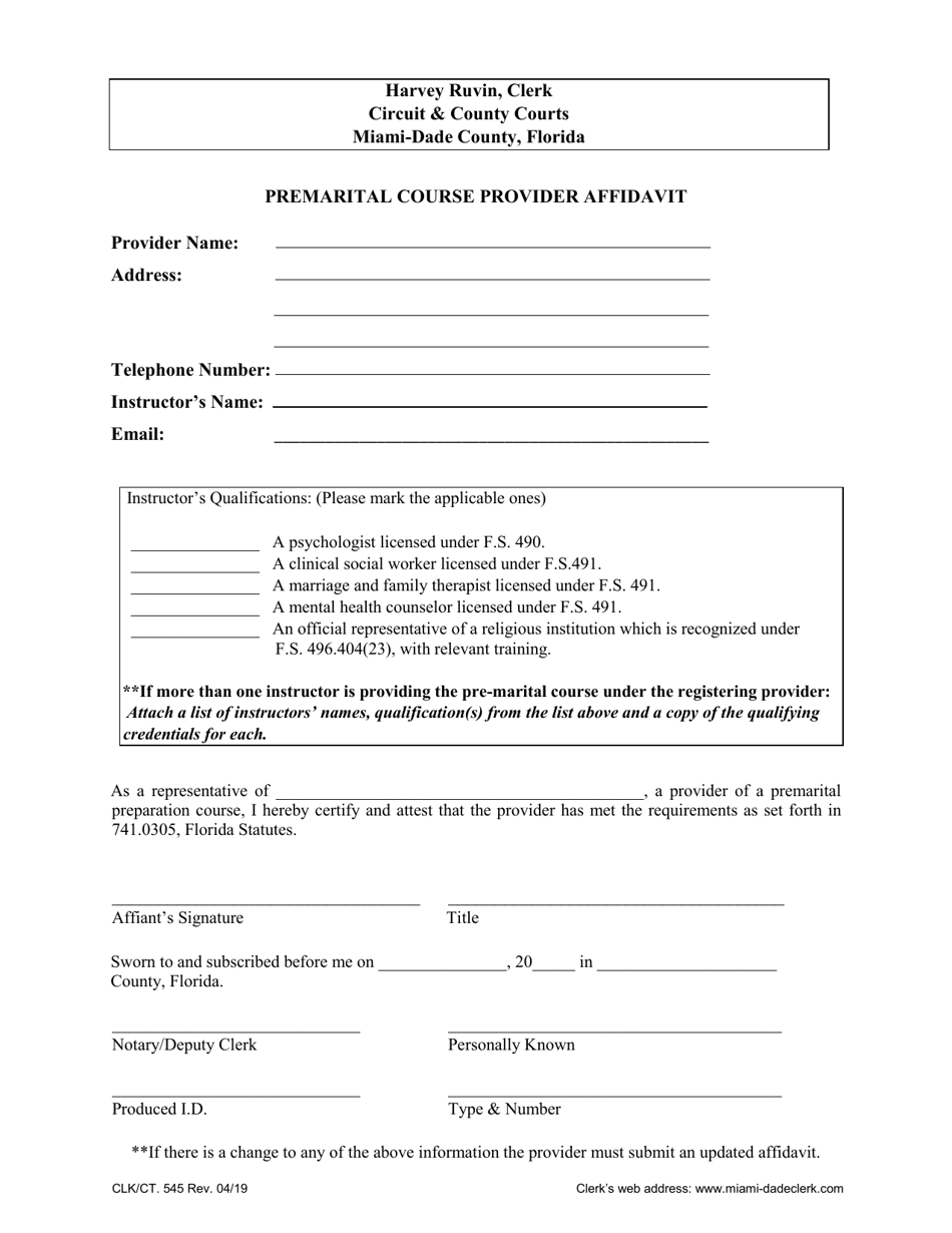 Form CLK / CT.545 Premarital Course Provider Affidavit - Miami-Dade County, Florida, Page 1
