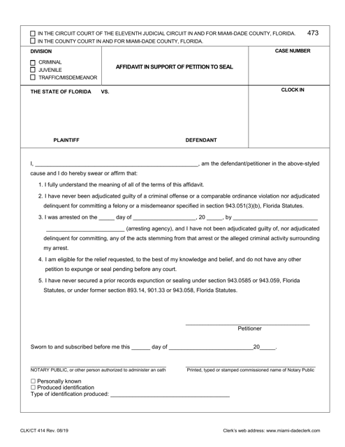 Form CLK/CT414 Affidavit in Support of Petition to Seal - Miami-Dade County, Florida