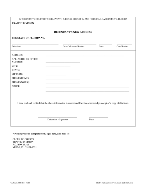 Form CLK/CT.986 Defendant's New Address - Miami-Dade County, Florida