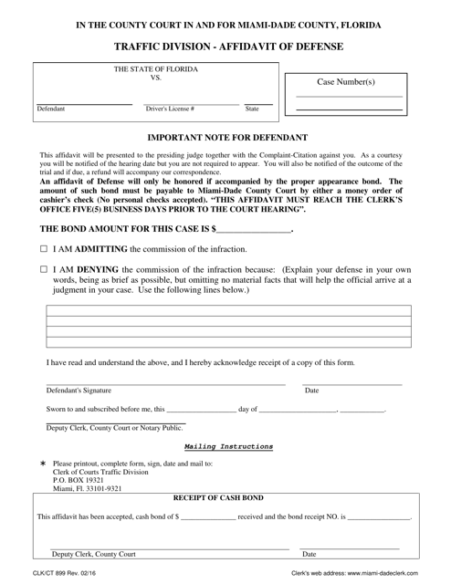 Form CLK/CT899 Affidavit of Defense - Miami-Dade County, Florida