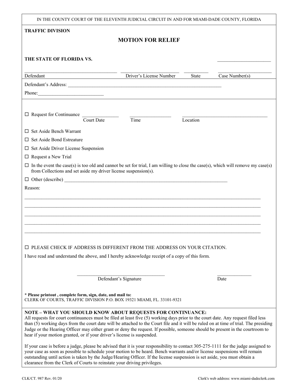 Form CLK / CT.987 Motion for Relief - Miami-Dade County, Florida, Page 1