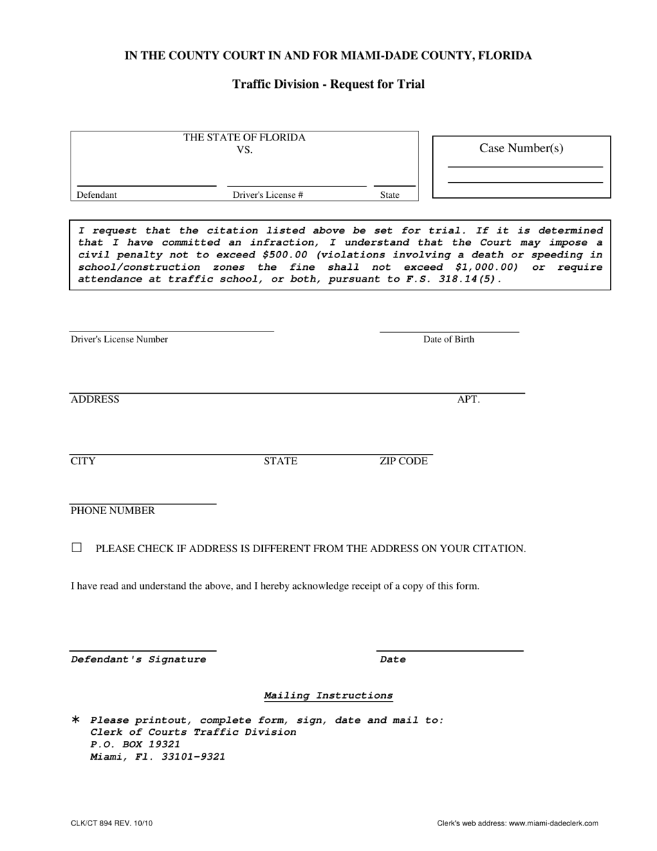 Form CLK / CT894 Request for Trial - Miami-Dade County, Florida, Page 1