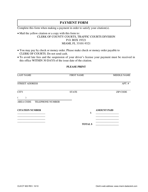 Form CLK/CT900 Payment Form - Miami-Dade County, Florida