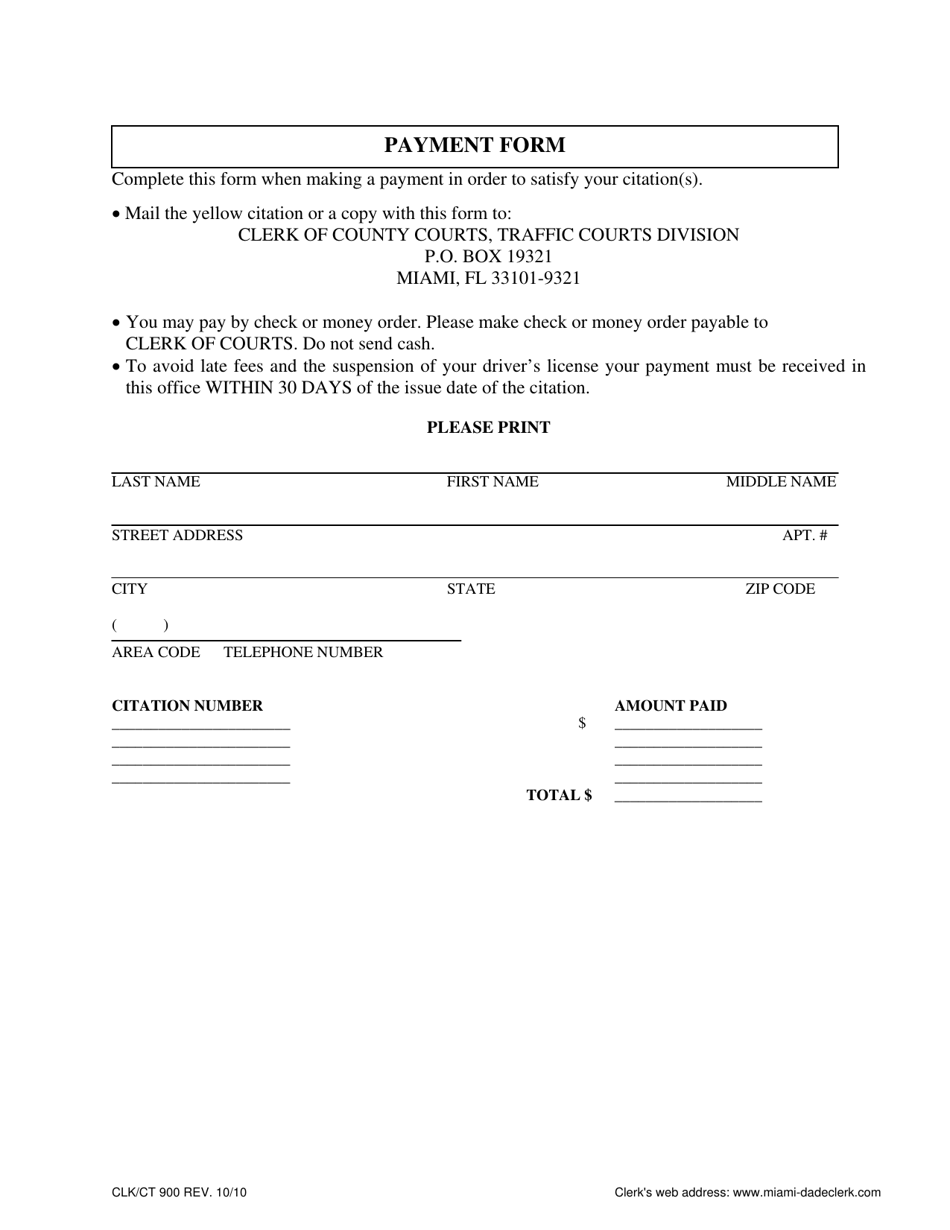 Form CLK / CT900 Payment Form - Miami-Dade County, Florida, Page 1