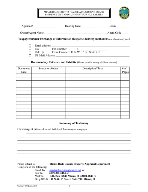 Form CLK/CT895 Evidence List and Summary for All Parties - Miami-Dade County, Florida