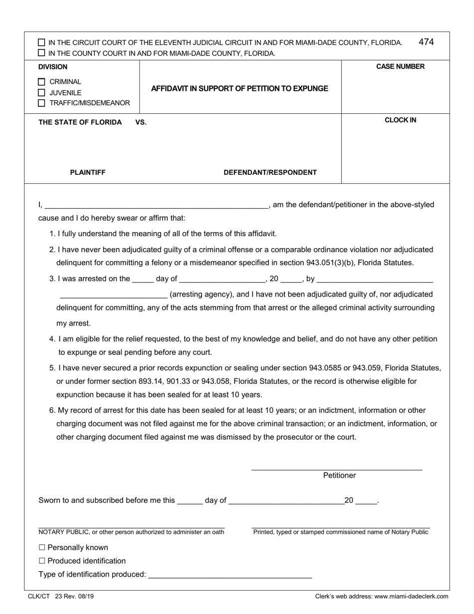Form CLK / CT23 Affidavit in Support of Petition to Expunge - Miami-Dade County, Florida, Page 1