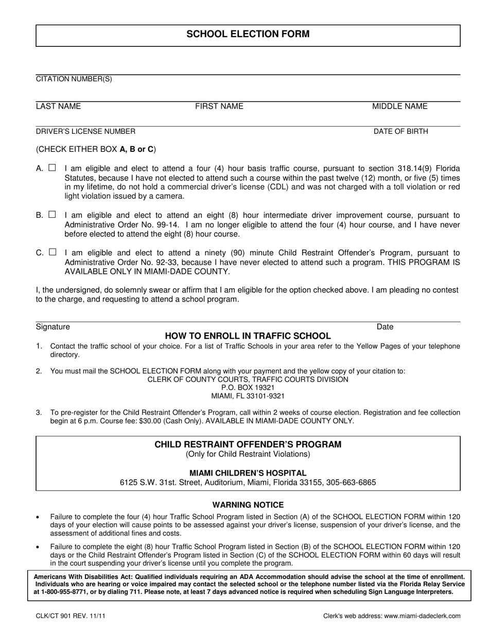 Form CLK / CT901 School Election Form - Miami-Dade County, Florida, Page 1