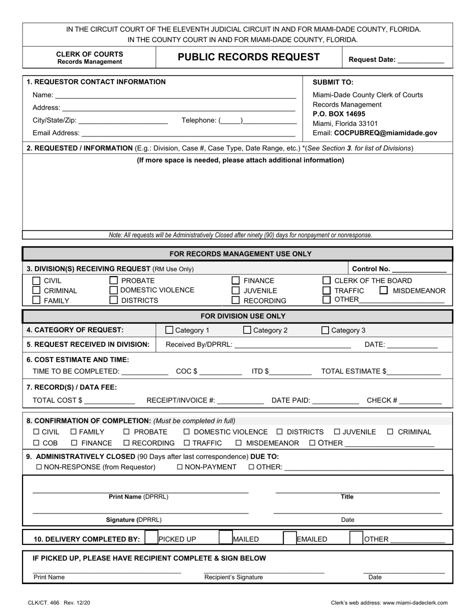 Form CLK/CT.466 Public Records Request - Miami-DadeCounty, Florida, Page 1