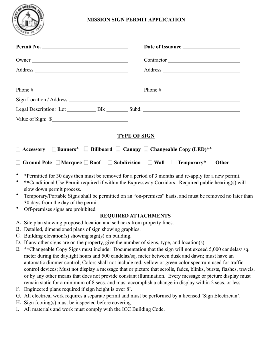 Sign Permit Application - City of Mission, Texas, Page 1