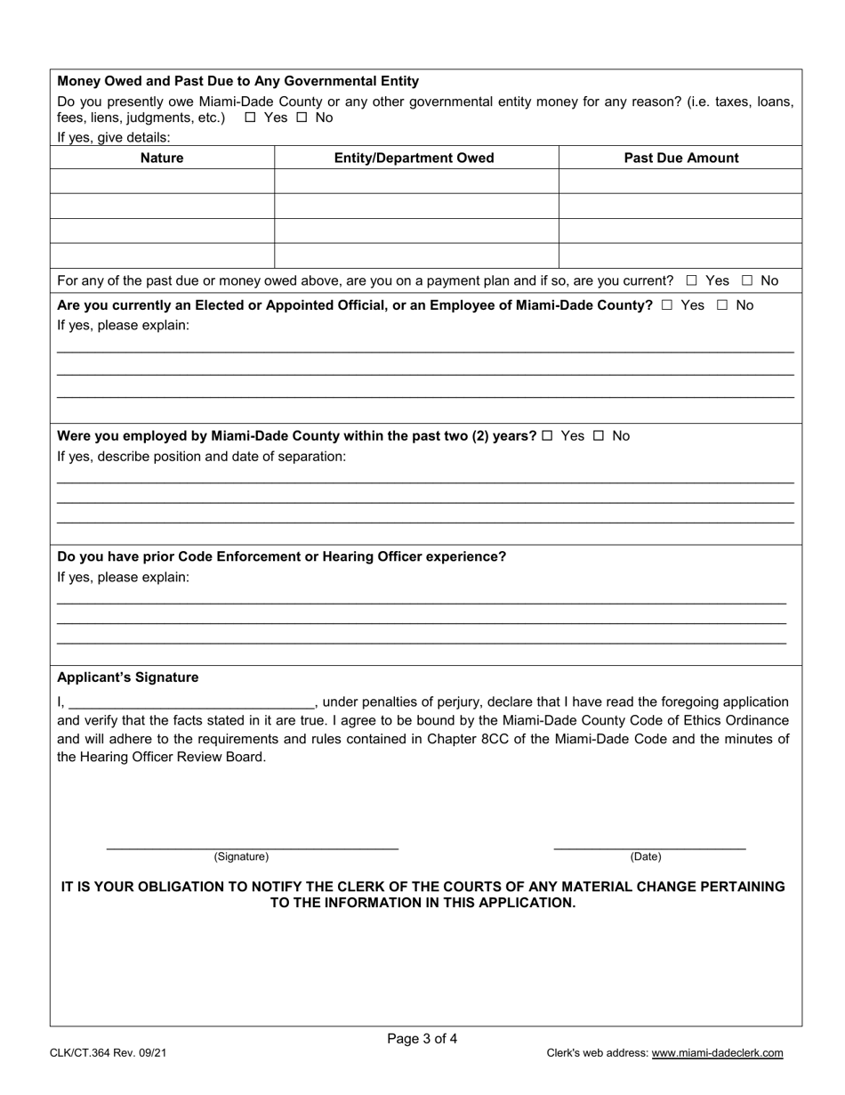 Form CLK / CT.364 Hearing Officer Application - Miami-Dade County, Florida, Page 3
