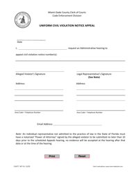 Document preview: Form CLK/CT.567 Uniform Civil Violation Notice Appeal - Miami-Dade County, Florida