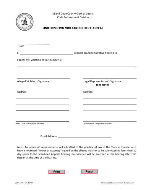 Form CLK/CT.567 Uniform Civil Violation Notice Appeal - Miami-Dade County, Florida