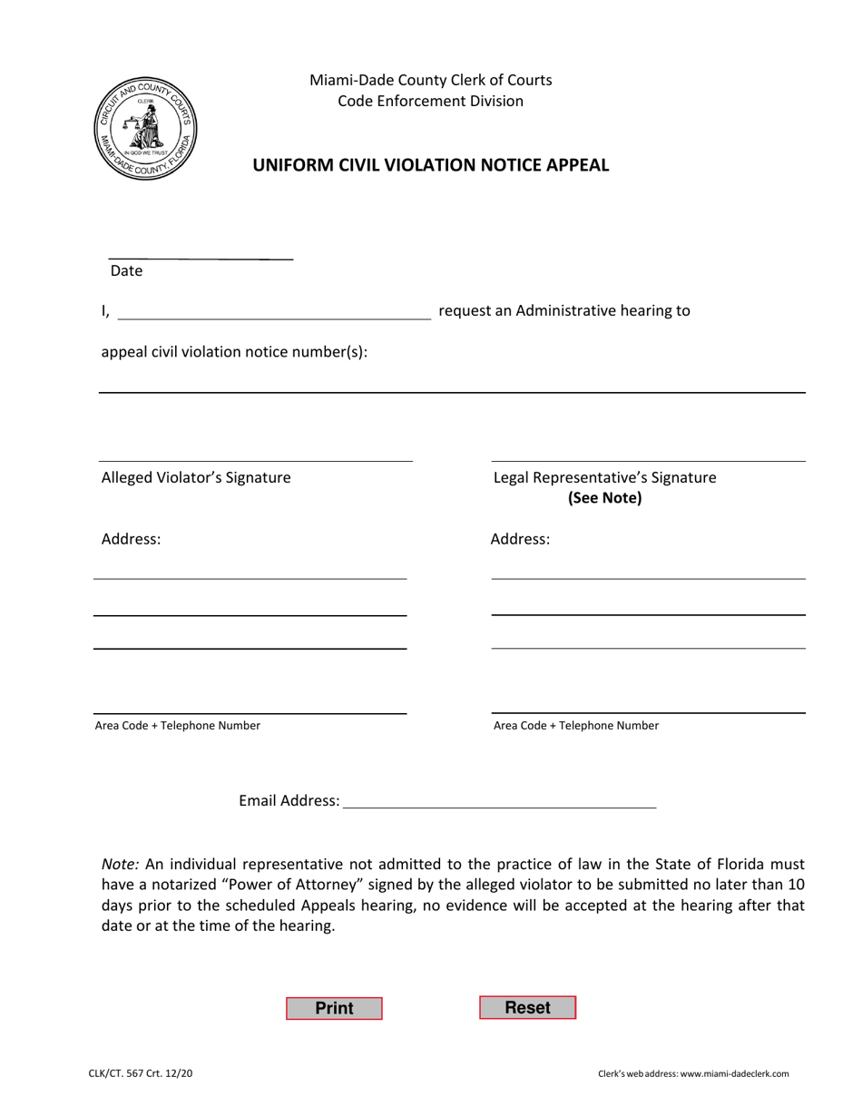 Form CLK / CT.567 Uniform Civil Violation Notice Appeal - Miami-Dade County, Florida, Page 1