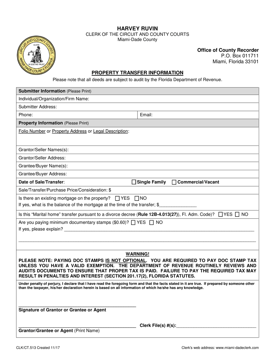 Form CLK / CT.513 Property Transfer Information - Miami-Dade County, Florida, Page 1