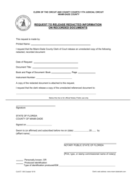 Document preview: Form CLK/CT.555 Request to Release Redacted Information on Recorded Documents - Miami-Dade County, Florida