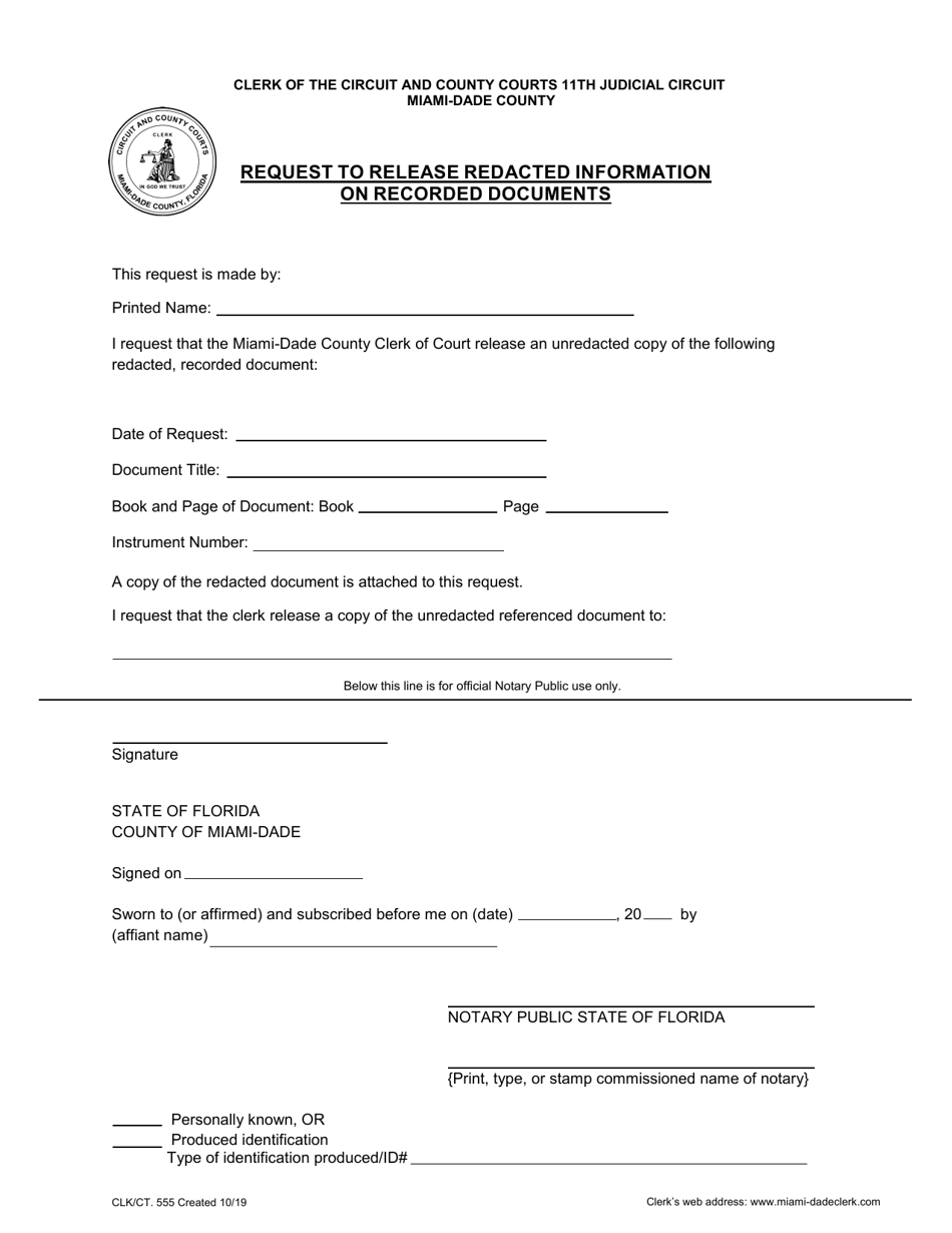 Form CLK/CT.555 Request to Release Redacted Information on Recorded Documents - Miami-Dade County, Florida, Page 1