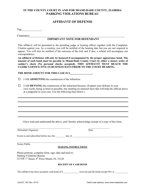 Form CLK/CT.551 Affidavit of Defense - Miami-Dade County, Florida