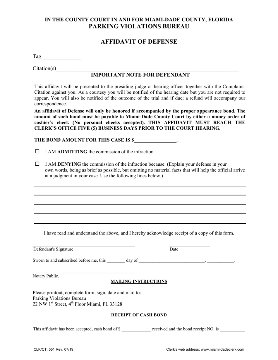 Form CLK / CT.551 Affidavit of Defense - Miami-Dade County, Florida, Page 1