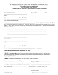 Document preview: Form CLK/CT548 Affidavit to Transfer Liability for Parking Violation - Miami-Dade County, Florida