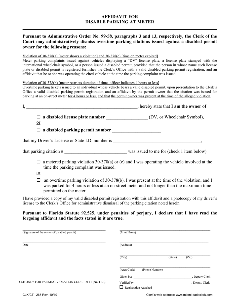 Form CLK / CT.265 Affidavit for Disable Parking at Meter - Miami-Dade County, Florida, Page 1