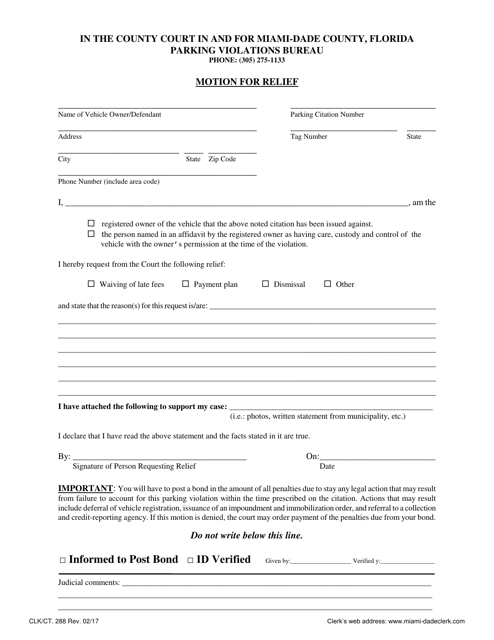 Form CLK/CT.288 Motion for Relief - Miami-Dade County, Florida