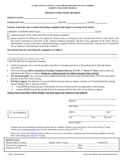 Form CLK/CT.332 Request for Court Hearing - Miami-Dade County, Florida